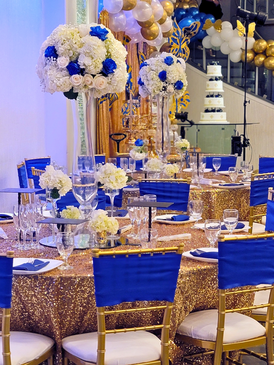 Fancy Birthday party event featuring bold royal blue and large gold influence