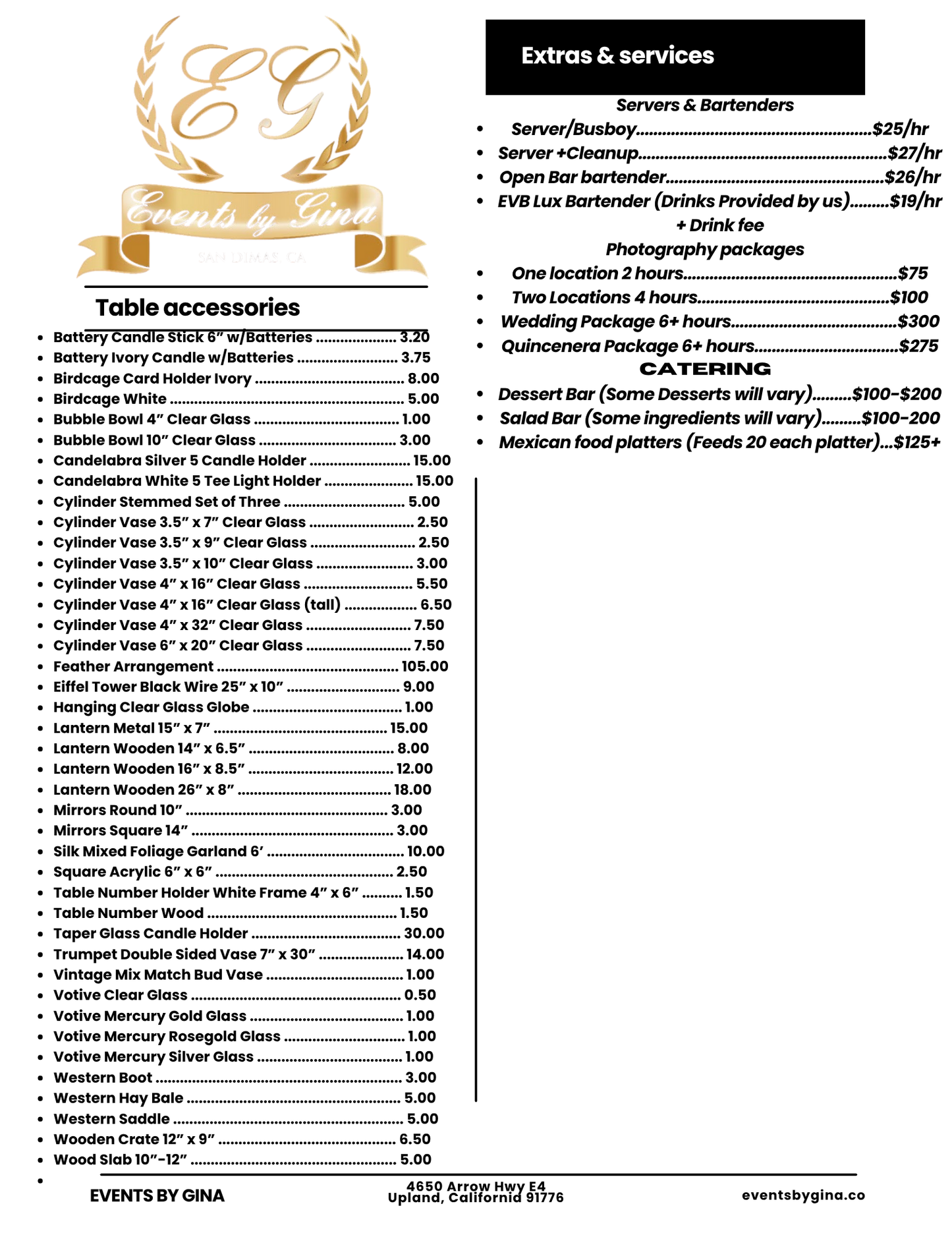Events By Gina Price List