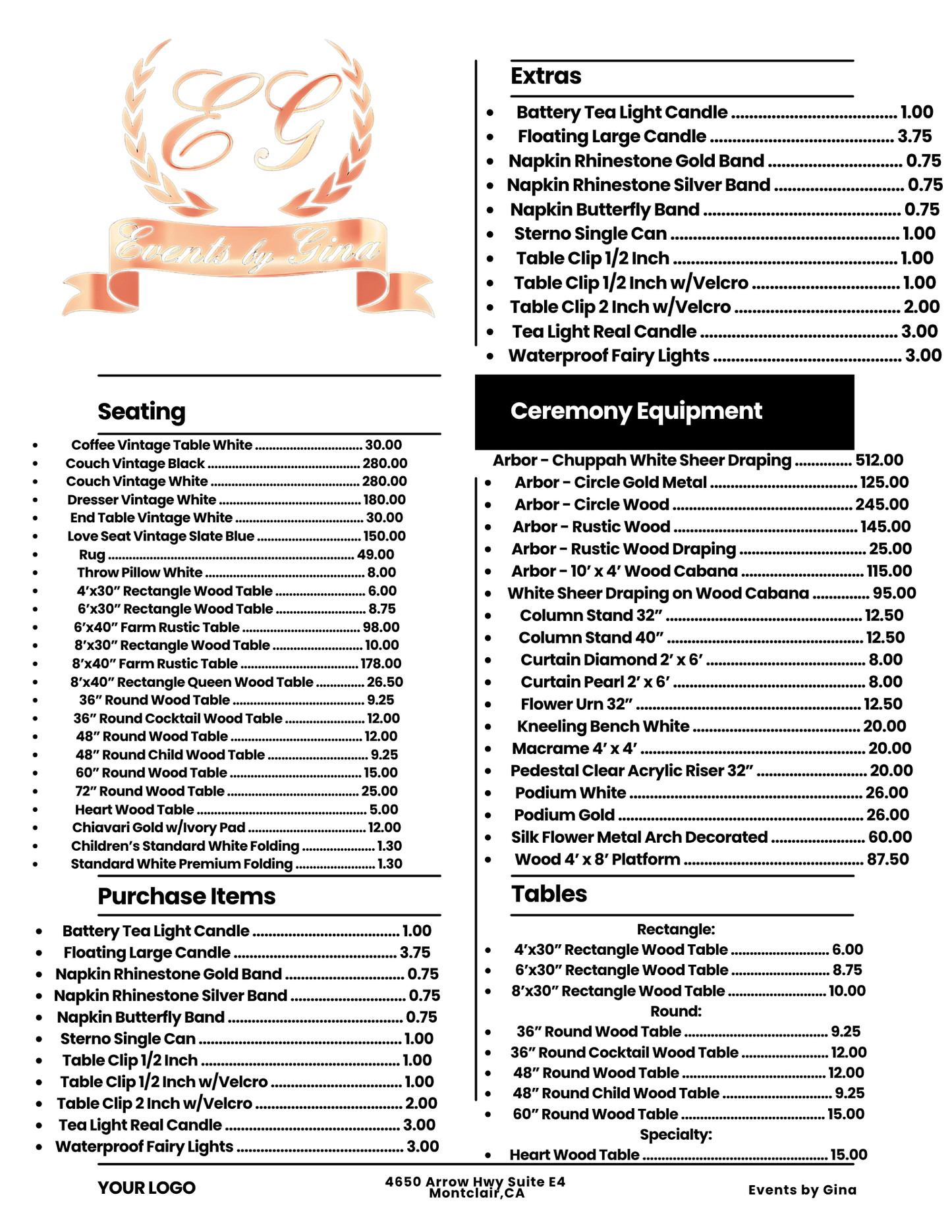 Events By Gina Price List
