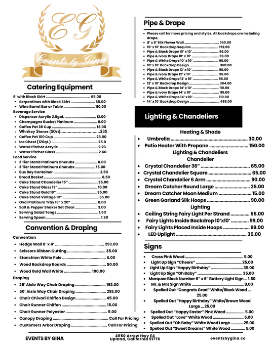 Events By Gina Price List
